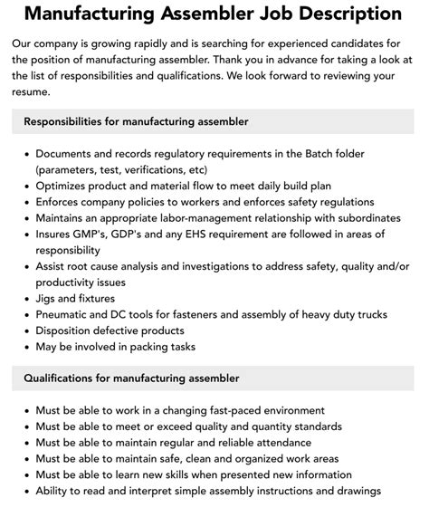 fabricator assembler metal products|manufacturing assembler job description.